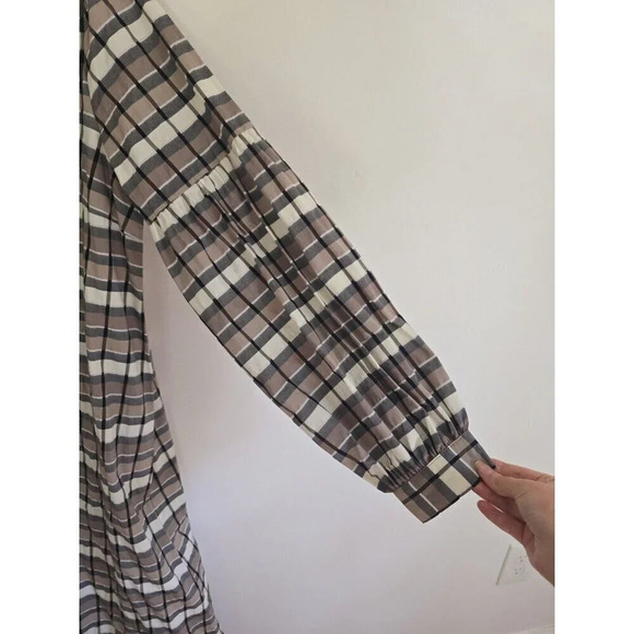Just Female Anthropologie Midi Soon Plaid Taupe Organic Cotton Dress 36 Small S - Picture 5 of 12